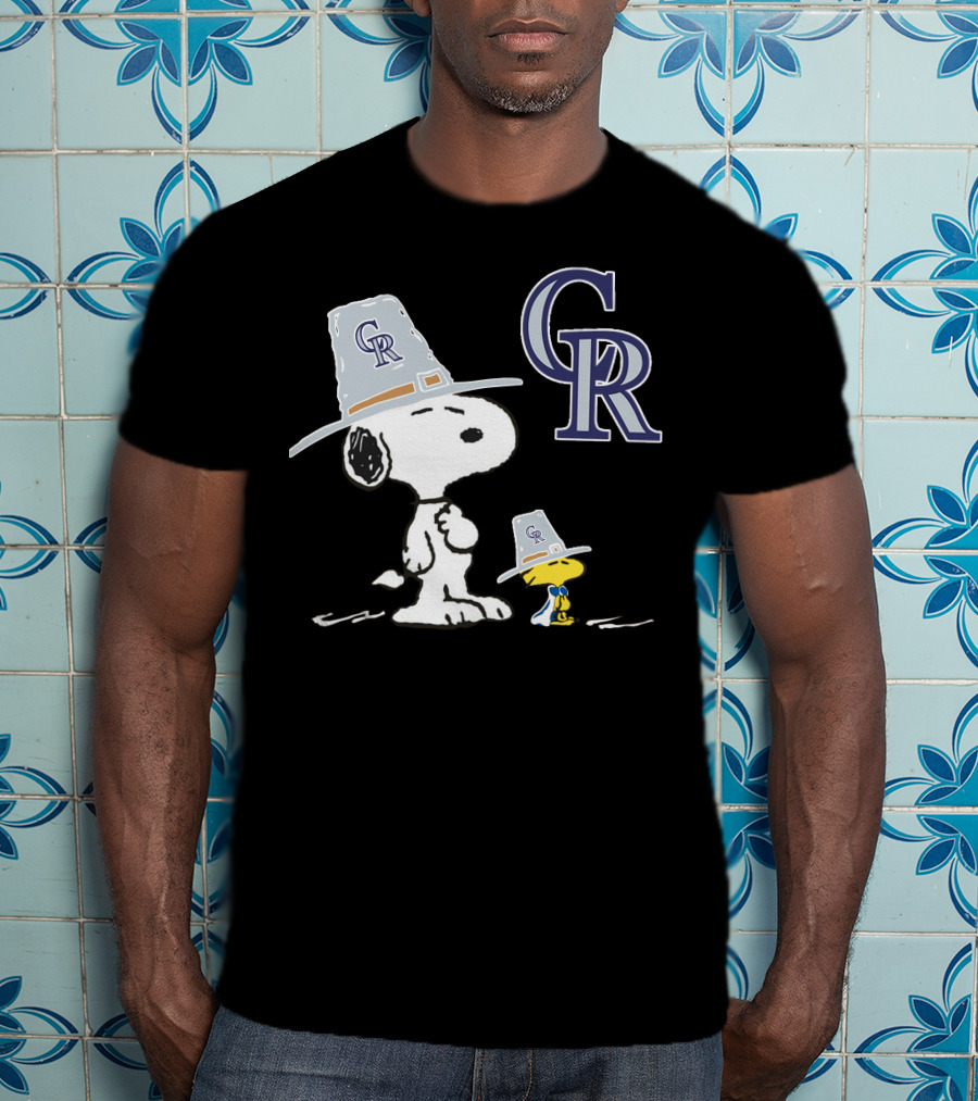Colorado Rockies Snoopy Woodstock Thanksgiving Pilgrim Hats T-Shirt