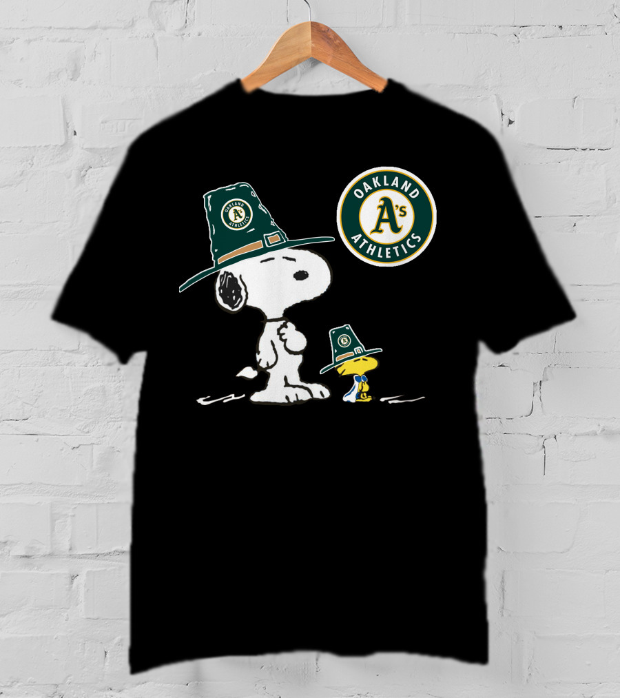 Oakland Athletics Snoopy And Woodstock Wearing Team Hats T-Shirt
