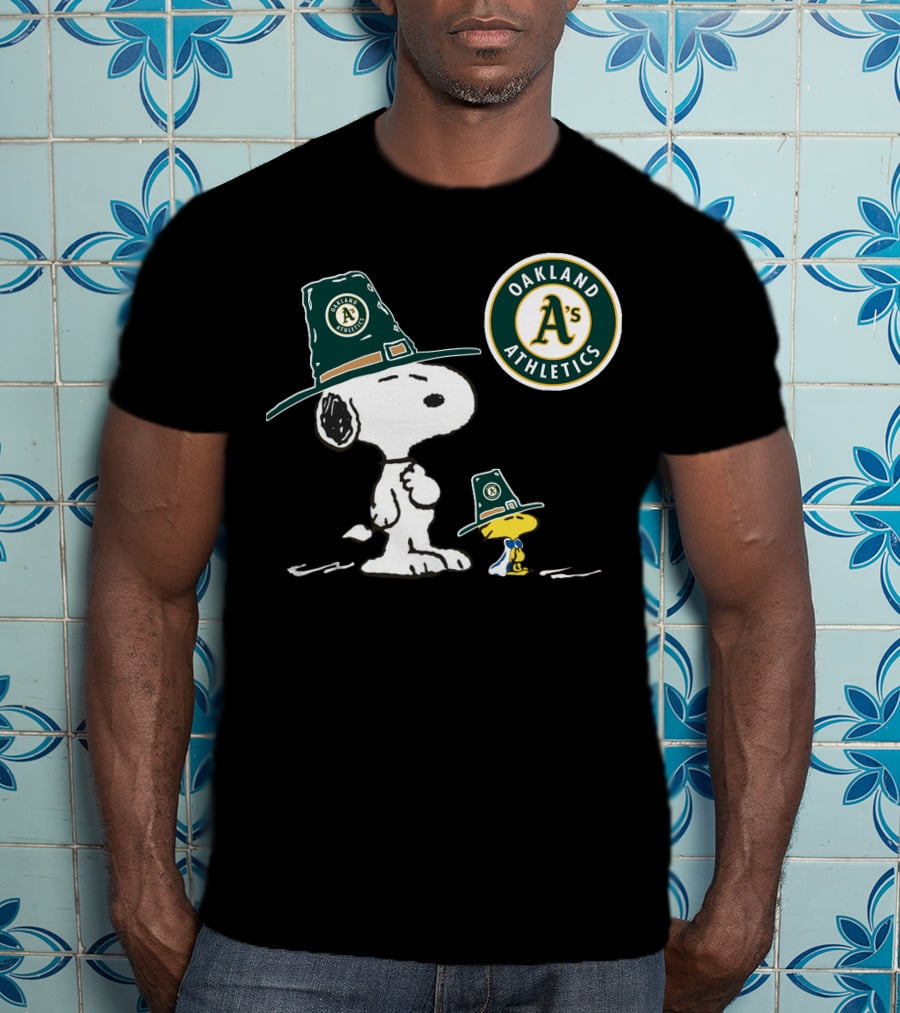 Oakland Athletics Snoopy And Woodstock Wearing Team Hats T-Shirt