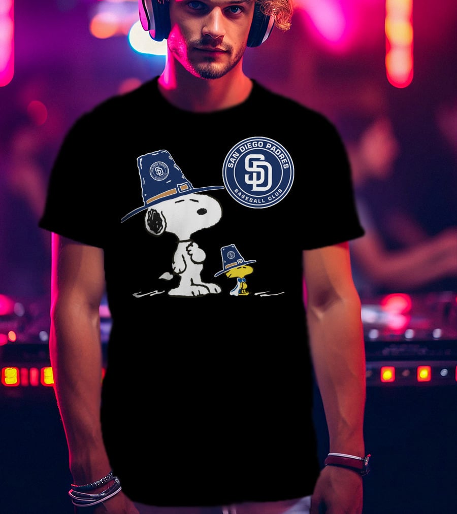 San Diego Padres Snoopy Woodstock Baseball Club Pilgrim Hat T-Shirt