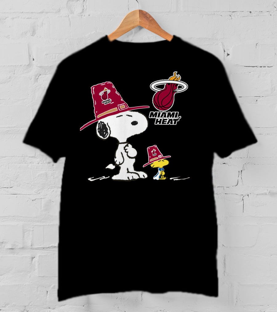 Snoopy And Woodstock In Miami Heat Hats With Team T-Shirt
