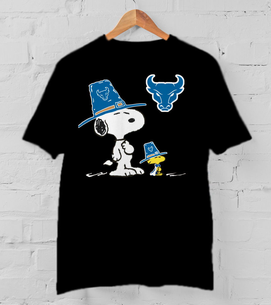 Buffalo Bulls Snoopy Woodstock Blue Pilgrim Hat T-Shirt