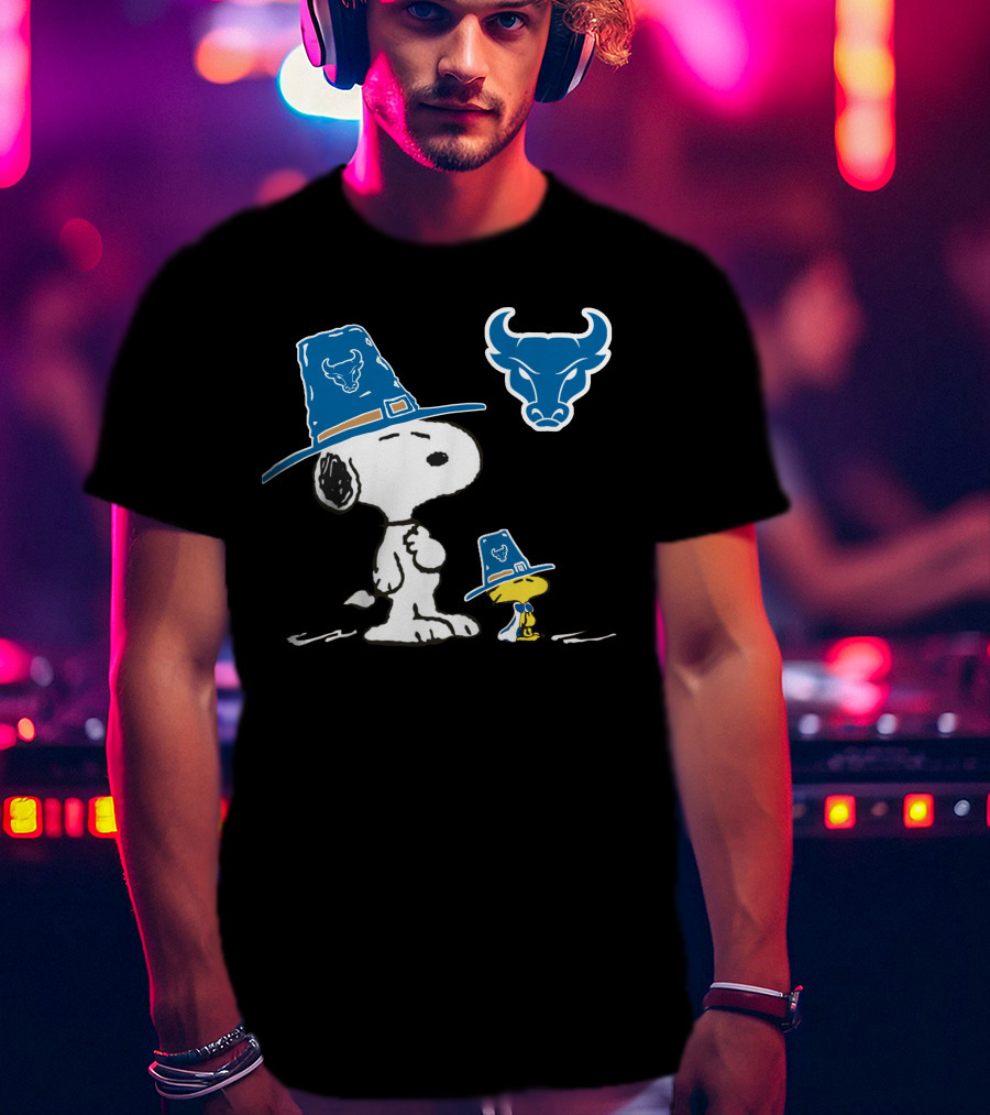 Buffalo Bulls Snoopy Woodstock Blue Pilgrim Hat T-Shirt