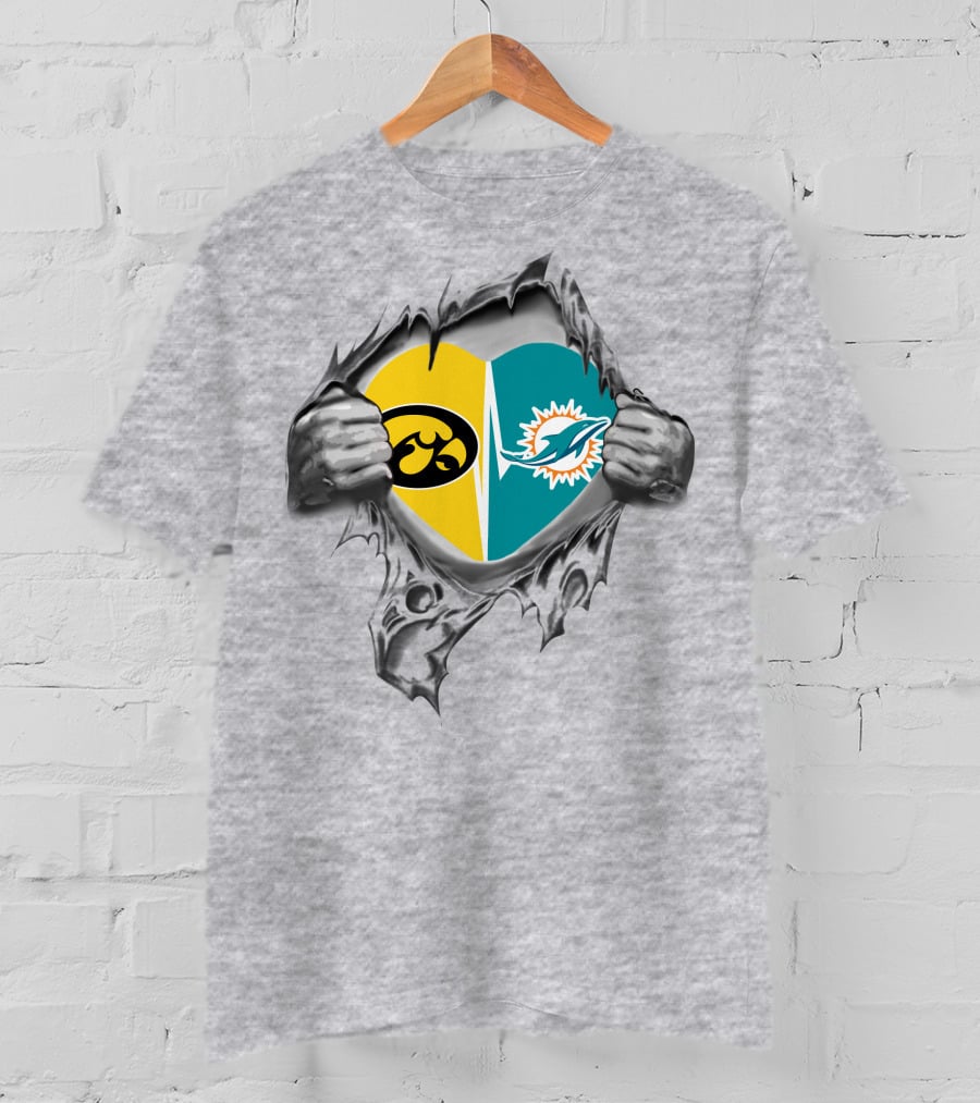 Iowa Hawkeyes Miami Dolphins Heart Logo Ripped T-Shirt