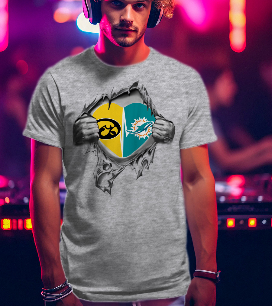Iowa Hawkeyes Miami Dolphins Heart Logo Ripped T-Shirt