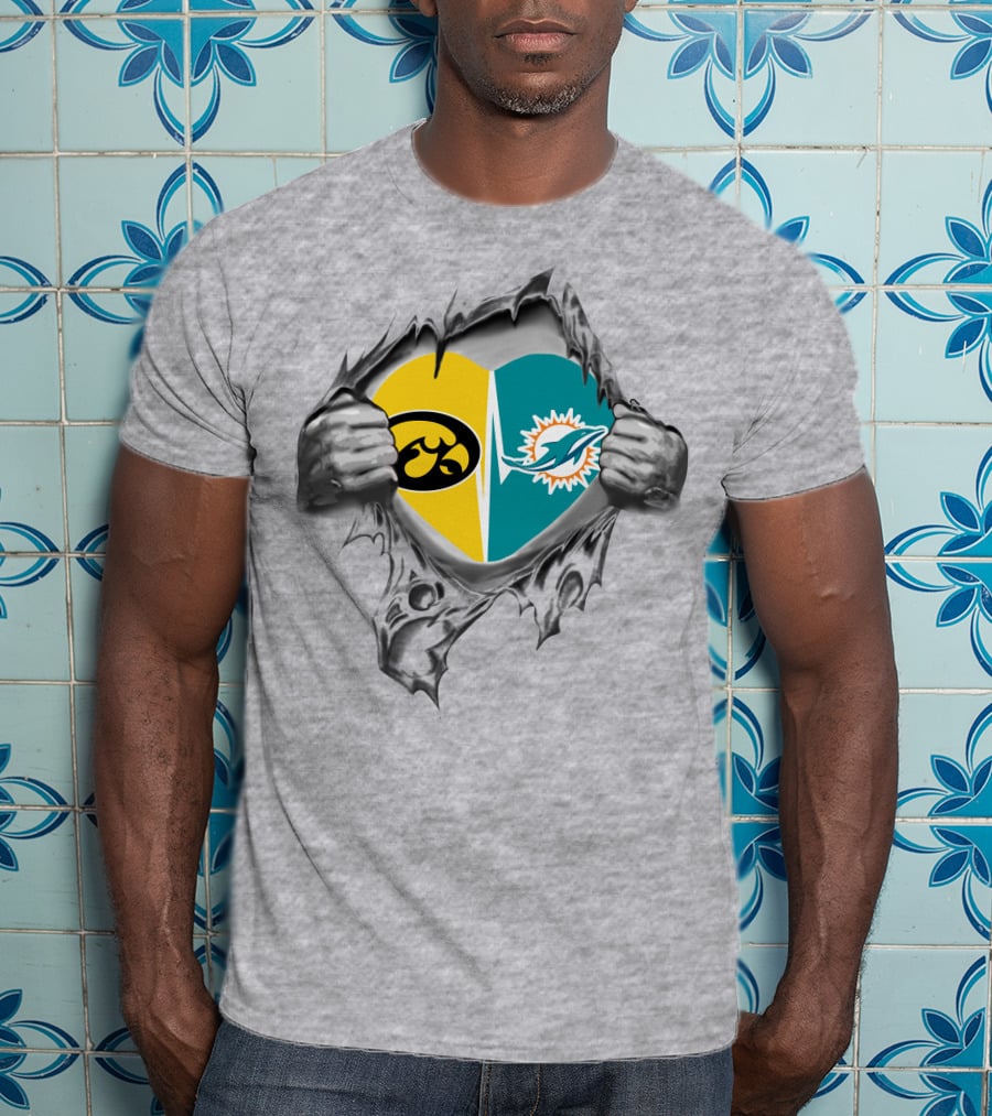 Iowa Hawkeyes Miami Dolphins Heart Logo Ripped T-Shirt