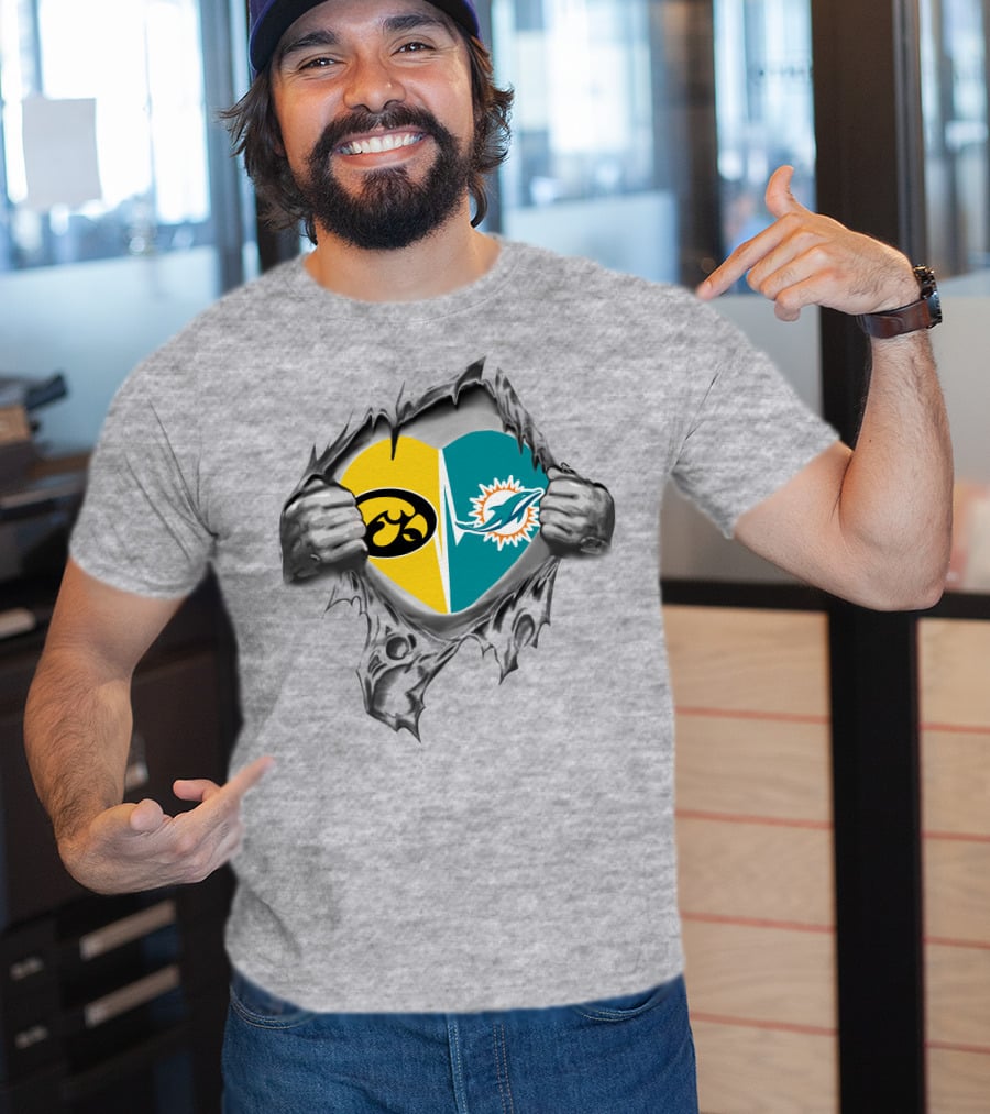 Iowa Hawkeyes Miami Dolphins Heart Logo Ripped T-Shirt