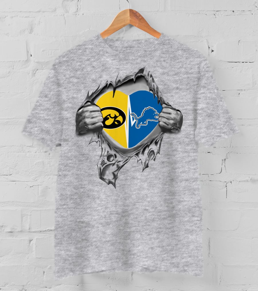 Iowa Hawkeyes Vs. Detroit Lions Heart Symbol Torn Fabric T-Shirt