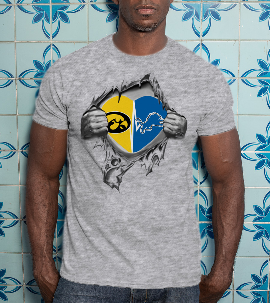 Iowa Hawkeyes Vs. Detroit Lions Heart Symbol Torn Fabric T-Shirt