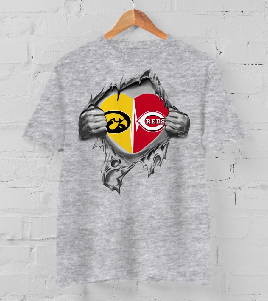 Iowa Hawkeyes Cincinnati Reds Heart Logo Tear T-Shirt