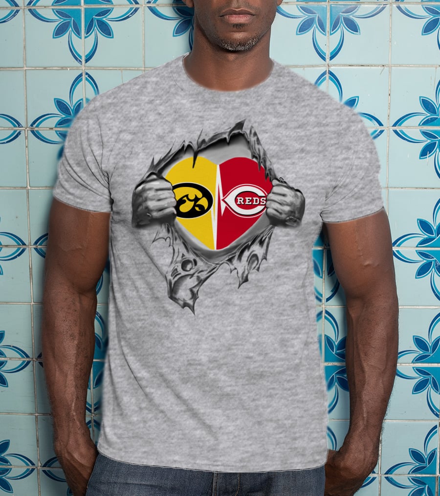 Iowa Hawkeyes Cincinnati Reds Heart Logo Tear T-Shirt