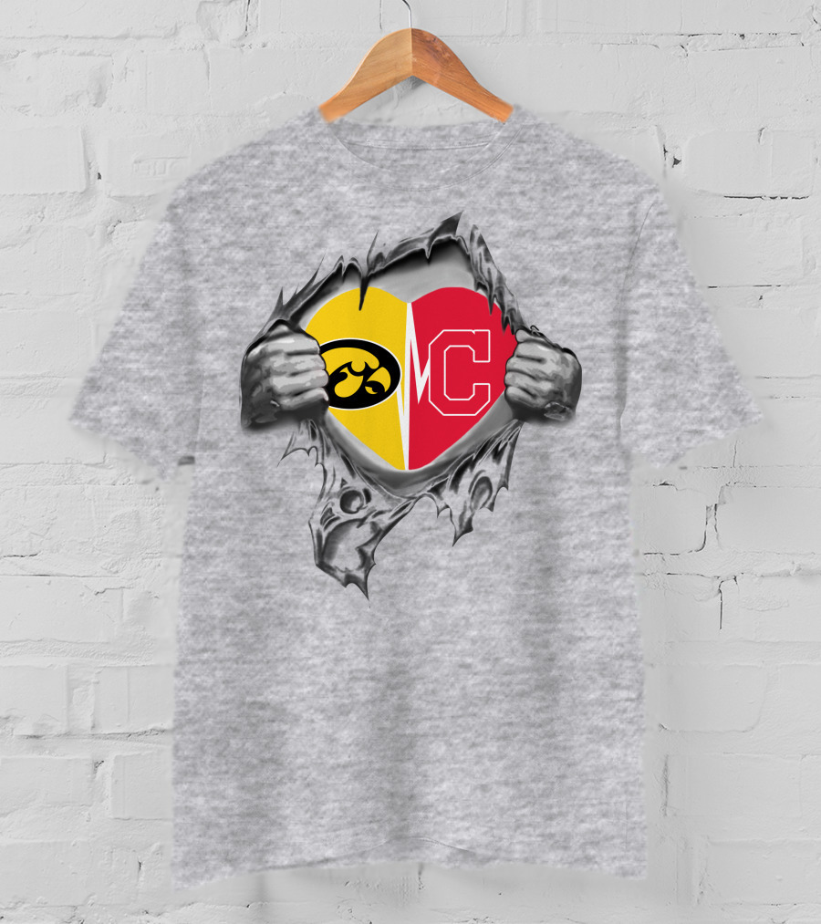 Iowa Hawkeyes Versus Indians Heart Logo Revealed Through Torn Fabric T-Shirt