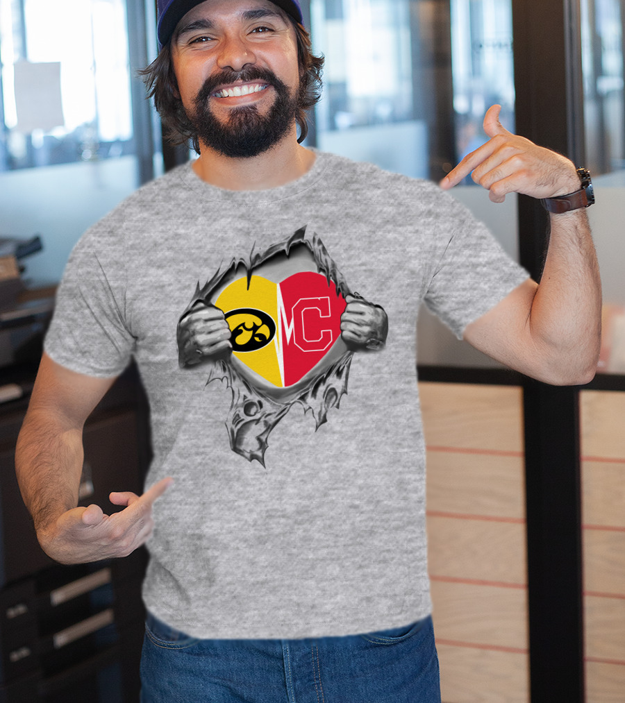Iowa Hawkeyes Versus Indians Heart Logo Revealed Through Torn Fabric T-Shirt