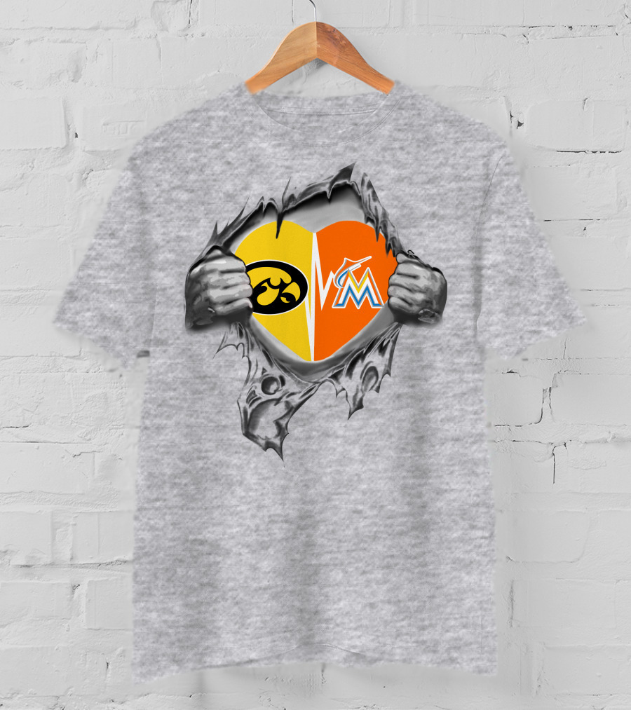 Iowa Hawkeyes Heart And Miami Marlins Heart Logos Ripped T-Shirt