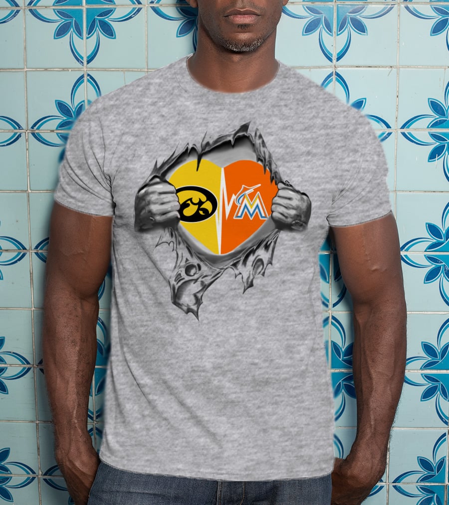 Iowa Hawkeyes Heart And Miami Marlins Heart Logos Ripped T-Shirt