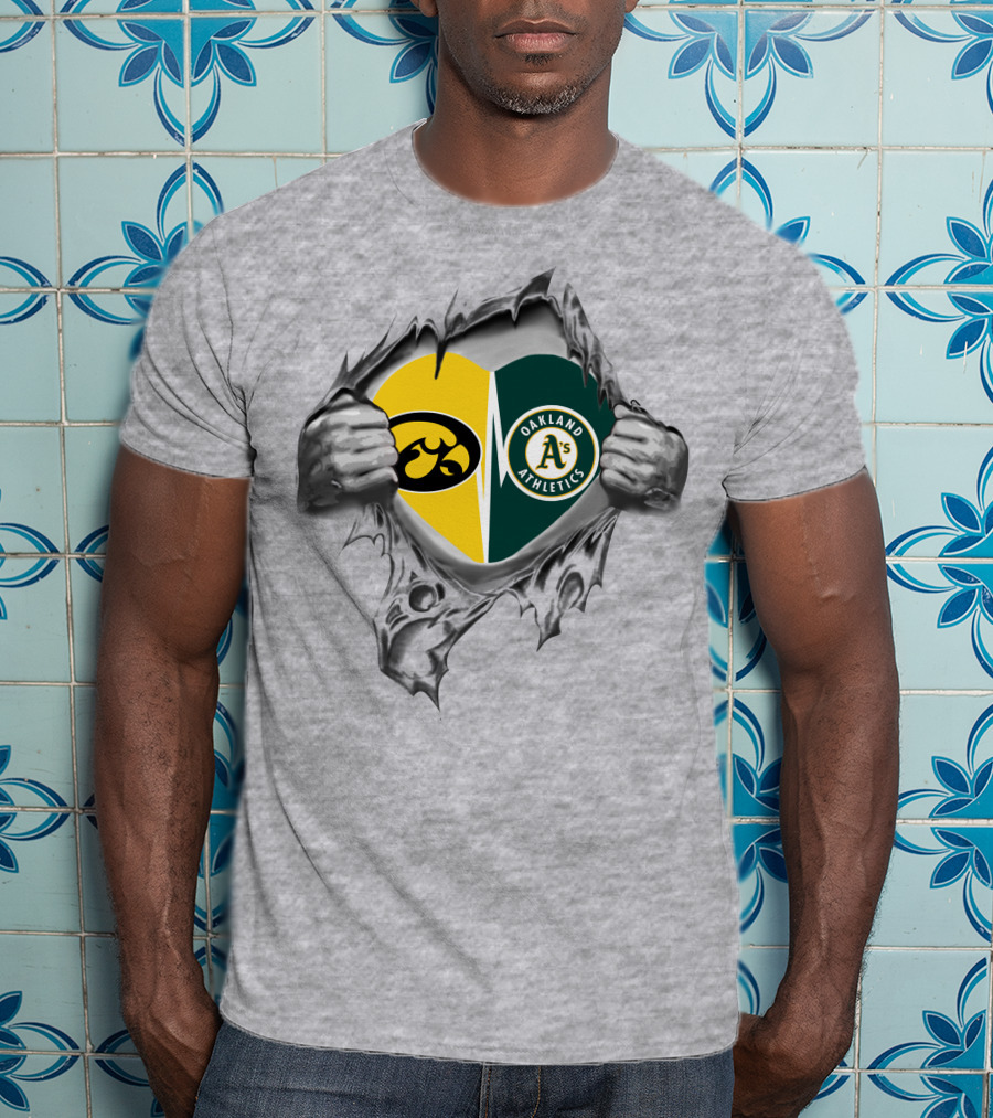 Iowa Hawkeyes Oakland Athletics Heart Design With Tearing Hands T-Shirt