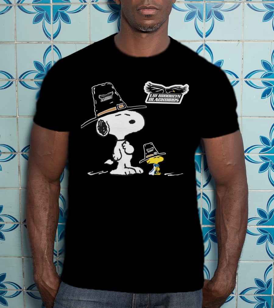 LIU Brooklyn Blackbirds Snoopy And Woodstock Pilgrim Hats T-Shirt