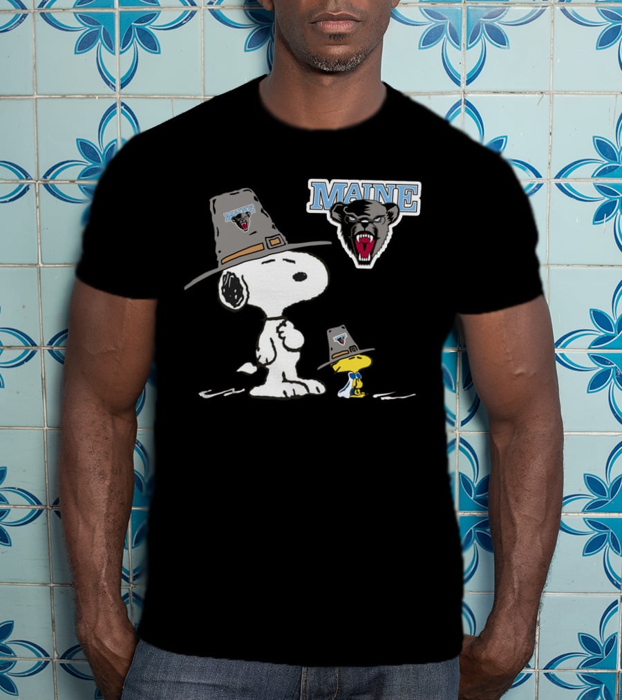 Maine Black Bears Snoopy Woodstock Pilgrim Hat T-Shirt