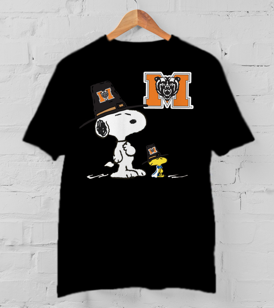 Mercer Bears Snoopy Pilgrim Hat Peanuts Thanksgiving T-Shirt