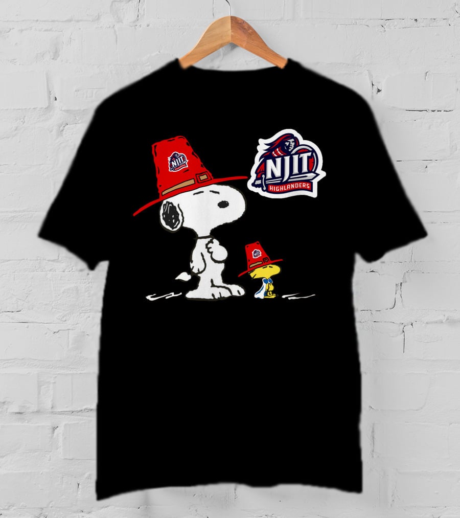 NJIT Highlanders Snoopy And Woodstock Wearing Red Hats T-Shirt