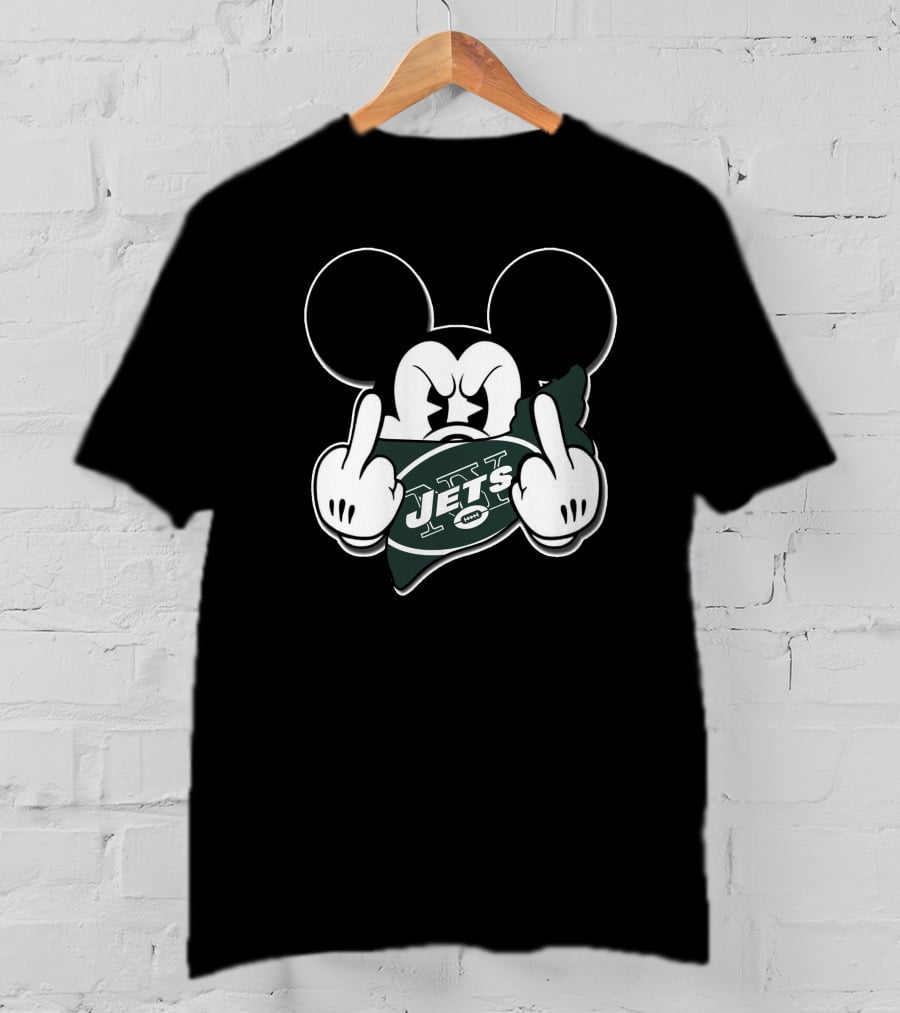 Mickey Mouse Holding New York Jets Football Logo With Gesture T-Shirt