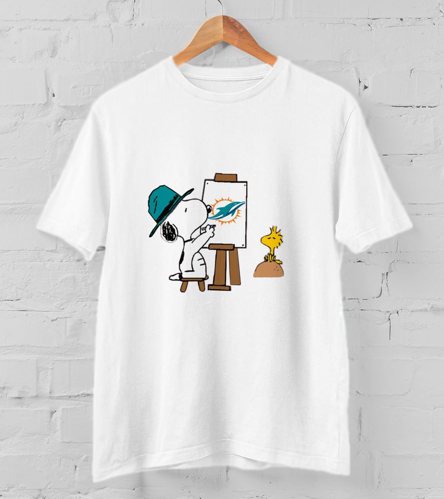 Snoopy Painting Miami Dolphins Logo With Woodstock T-Shirt