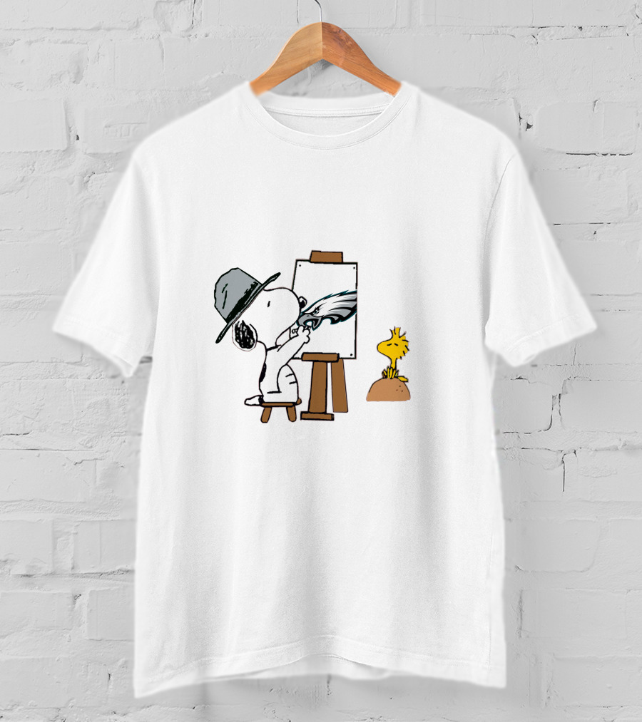 Snoopy Painting Philadelphia Eagles Logo With Woodstock T-Shirt