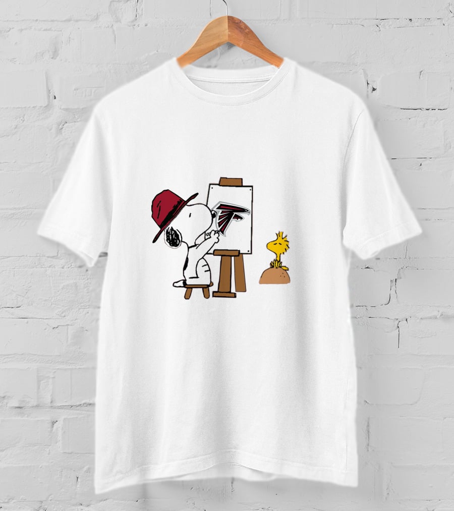 Snoopy Painting Atlanta Falcons Logo With Woodstock Observing T-Shirt