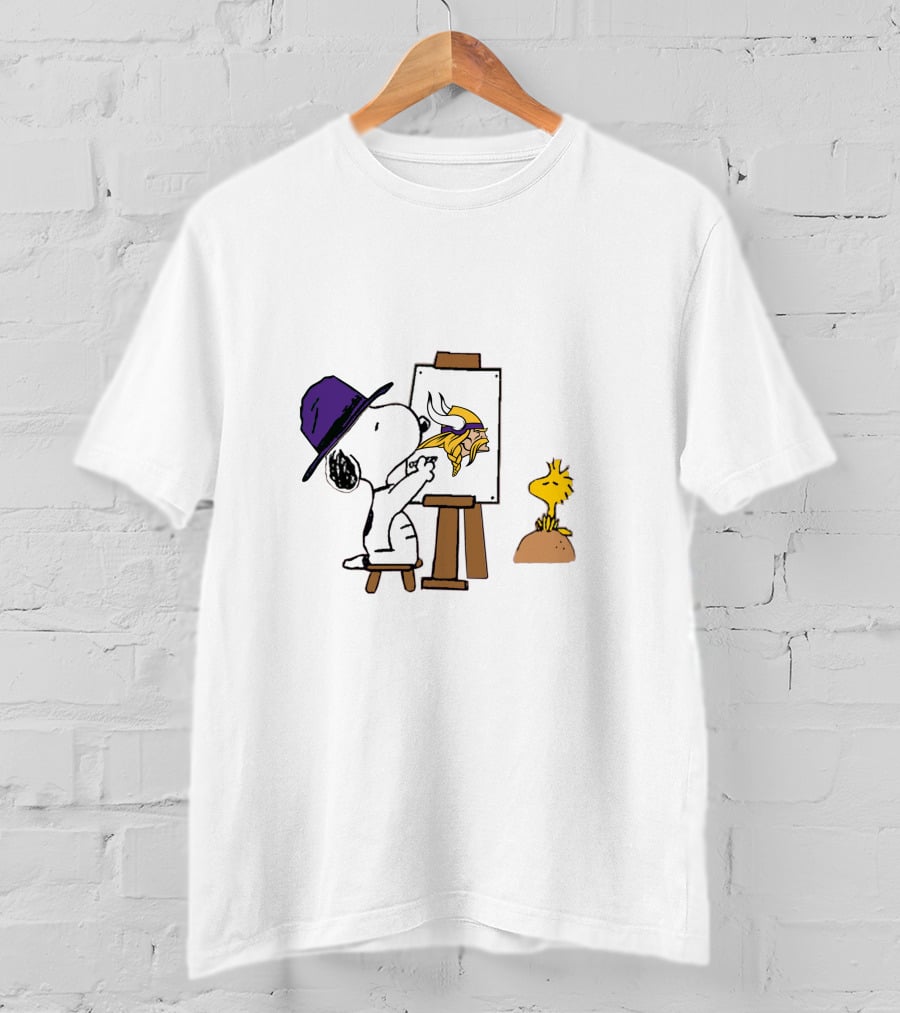 Snoopy Painting Minnesota Vikings Logo With Woodstock T-Shirt