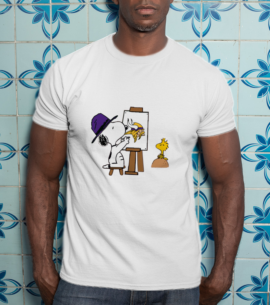 Snoopy Painting Minnesota Vikings Logo With Woodstock T-Shirt