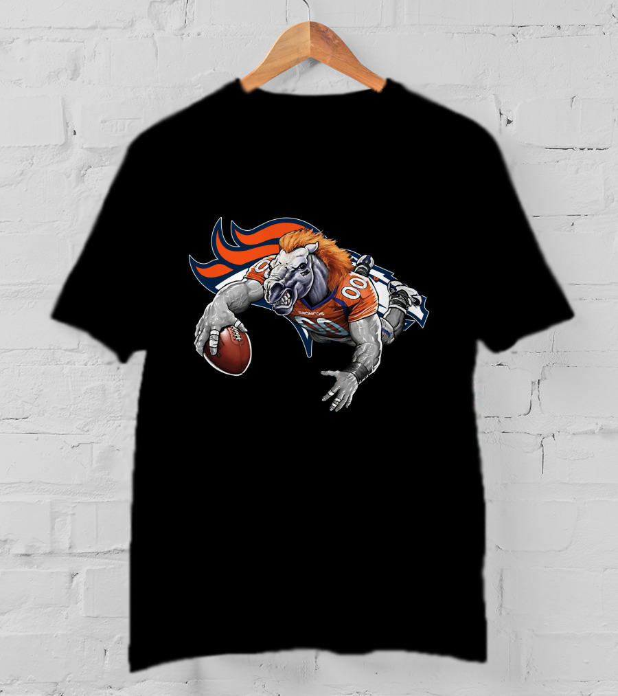Denver Broncos Mascot Football Action With Orange And Blue T-Shirt