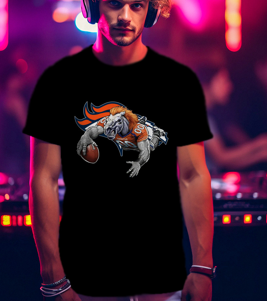 Denver Broncos Mascot Football Action With Orange And Blue T-Shirt