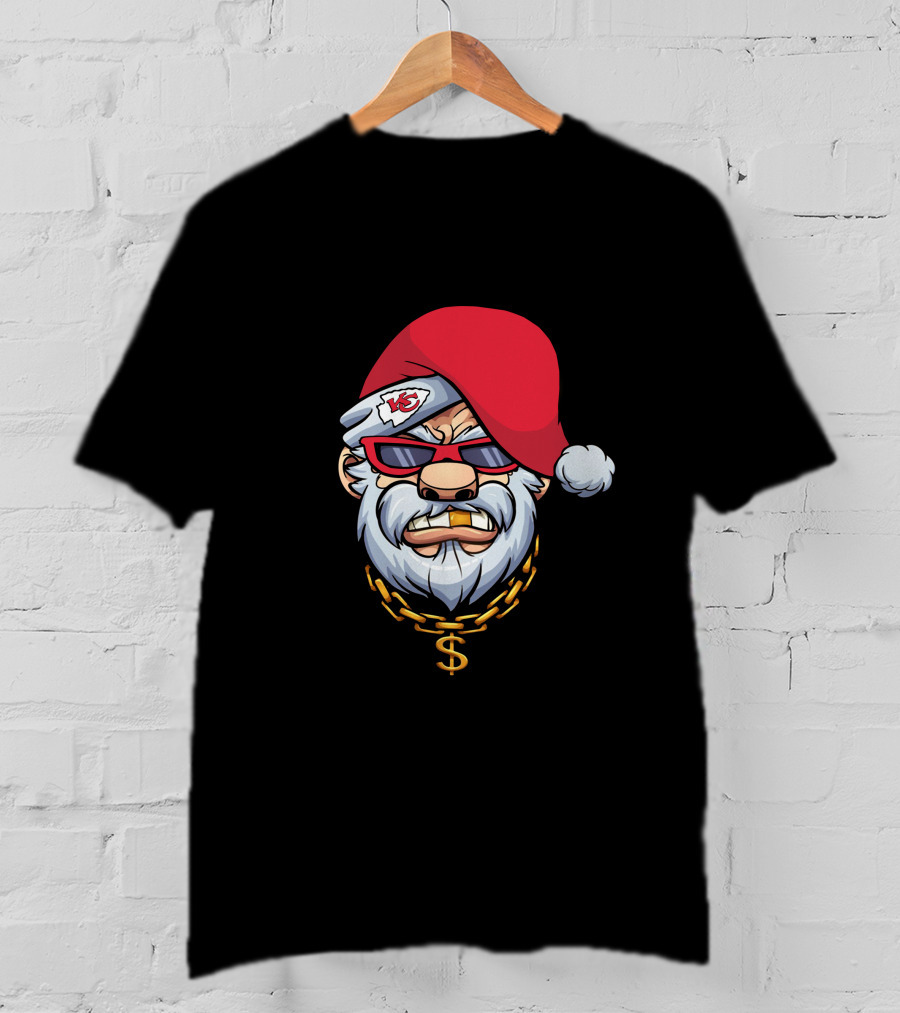 Chiefs Gangster Santa With Chain And Red Hat Sporting Sunglasses And Kansas City T-Shirt