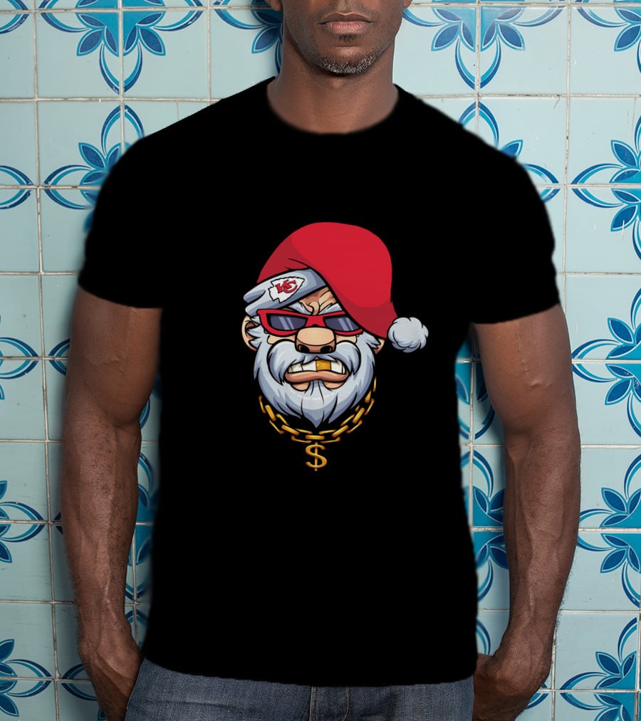 Chiefs Gangster Santa With Chain And Red Hat Sporting Sunglasses And Kansas City T-Shirt