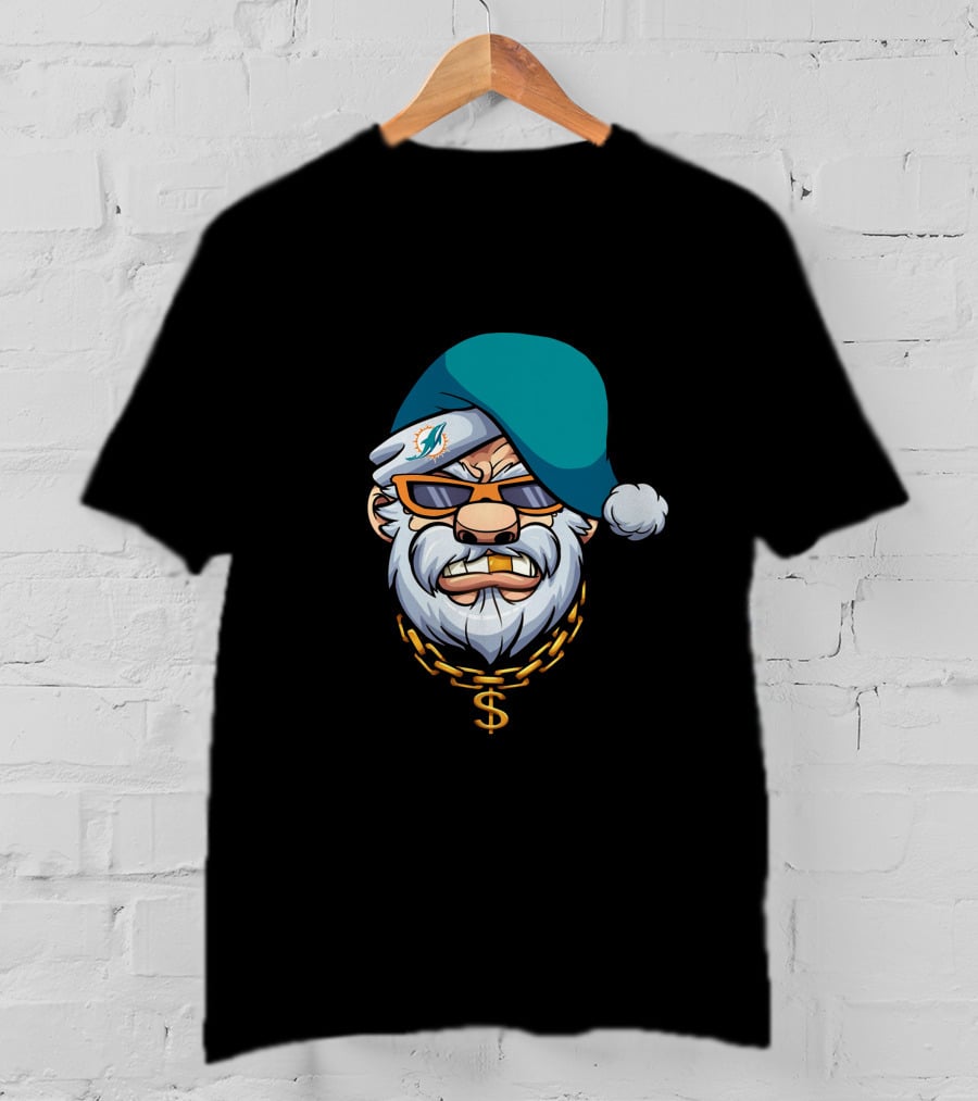 Miami Dolphins Gangster Santa With Shades And Gold Chain T-Shirt