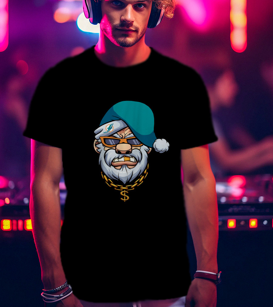 Miami Dolphins Gangster Santa With Shades And Gold Chain T-Shirt