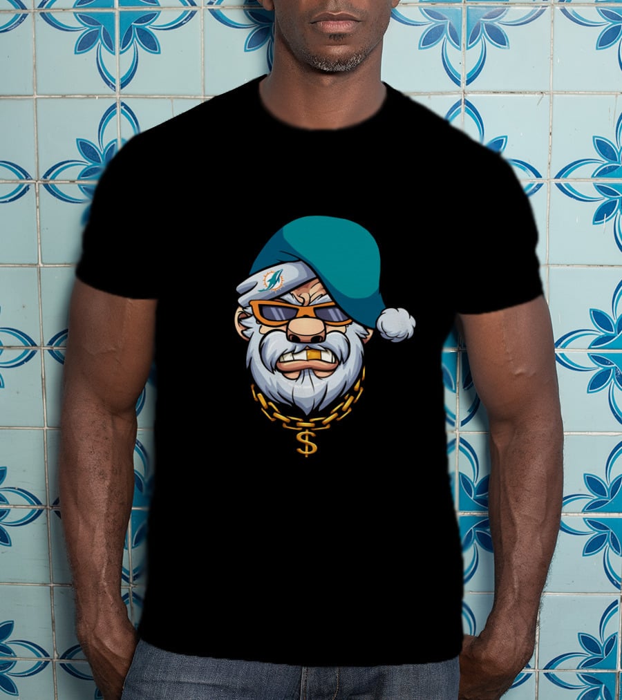 Miami Dolphins Gangster Santa With Shades And Gold Chain T-Shirt