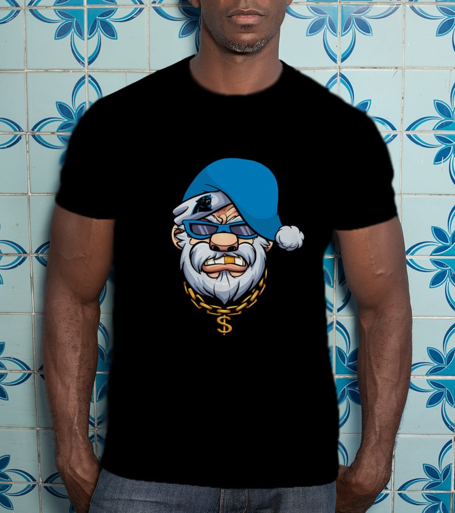 Panthers Gangster Santa With Blue Hat And Gold Chain T-Shirt