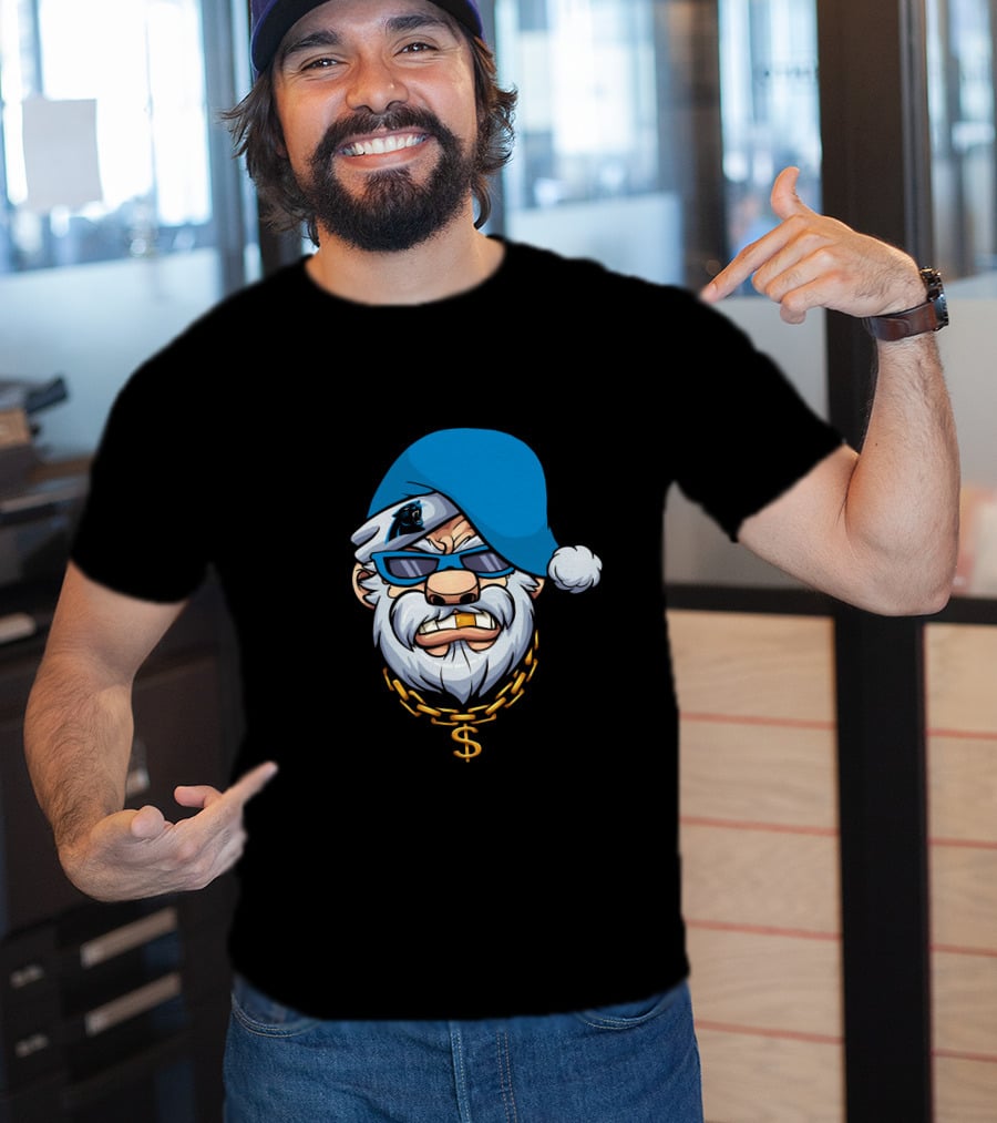 Panthers Gangster Santa With Blue Hat And Gold Chain T-Shirt