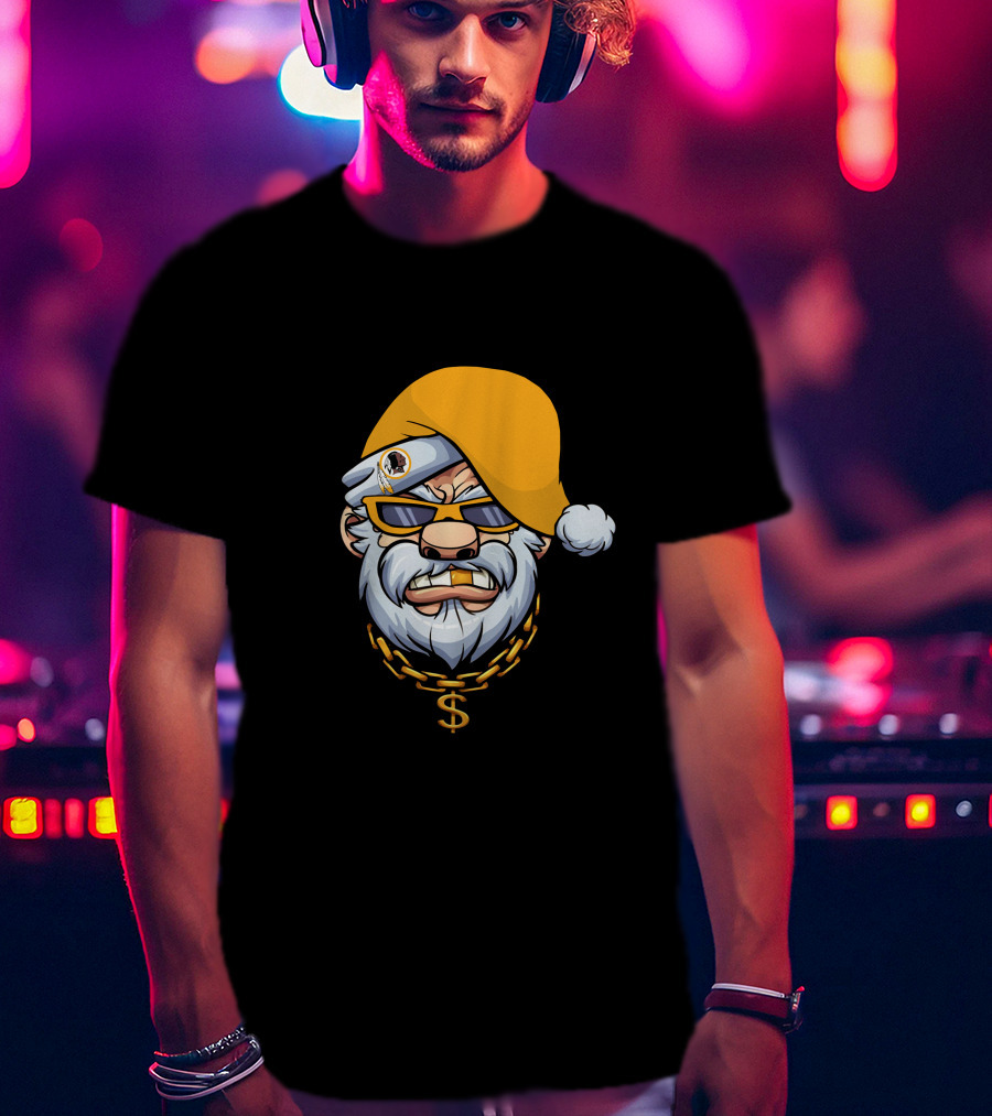 Santa With Gangster Style Gold Hat And Chain Featuring Washington Football Team T-Shirt