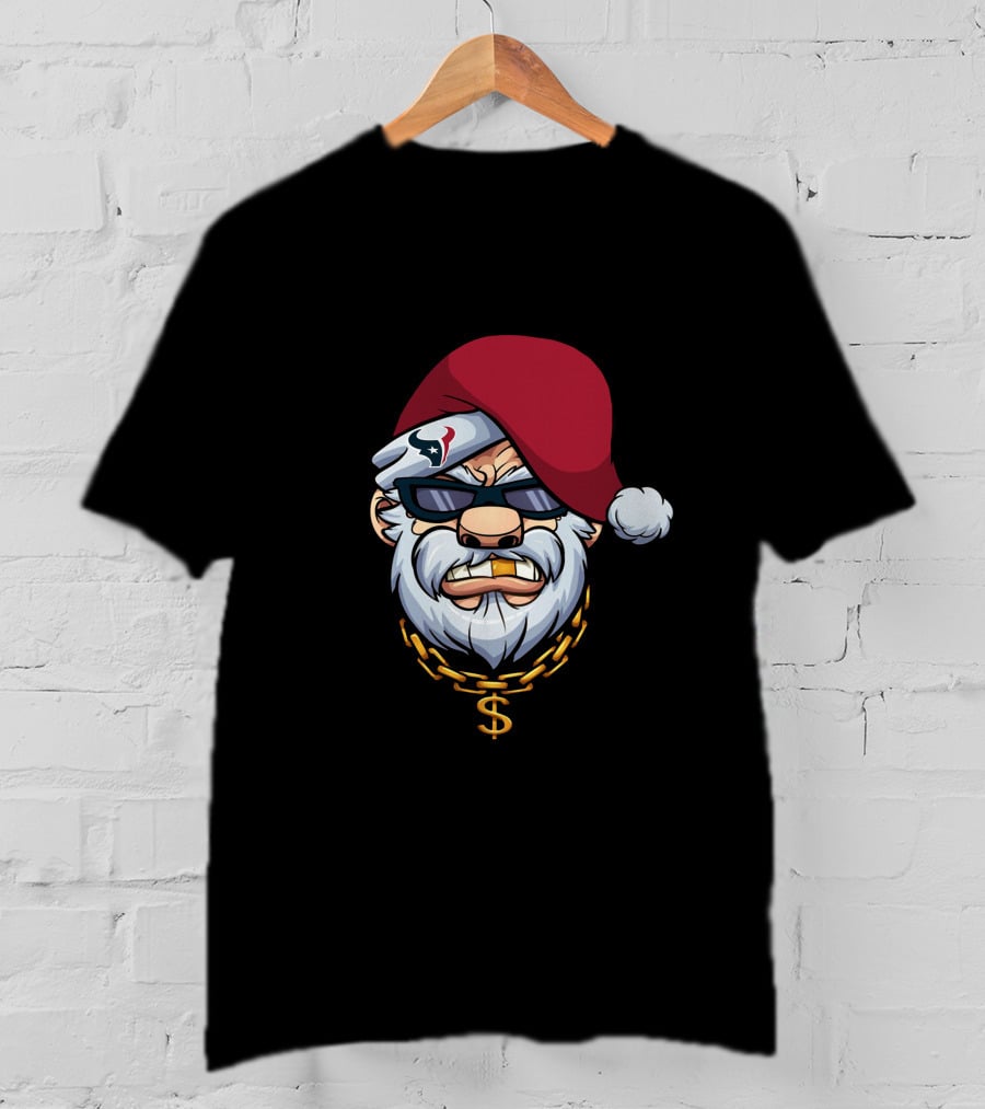 Texans Gangster Santa Wearing Sunglasses And Santa Hat With Dollar Sign Chain T-Shirt