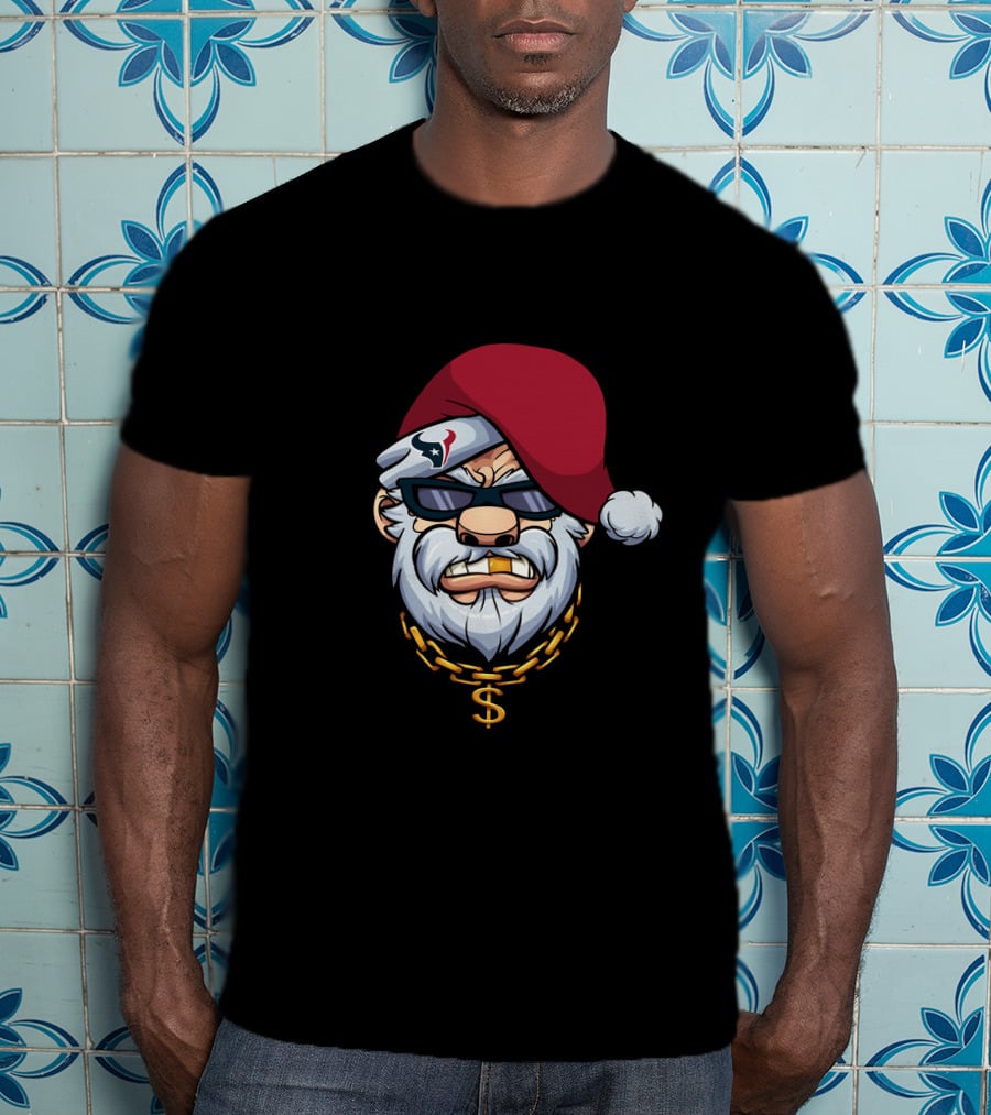 Texans Gangster Santa Wearing Sunglasses And Santa Hat With Dollar Sign Chain T-Shirt