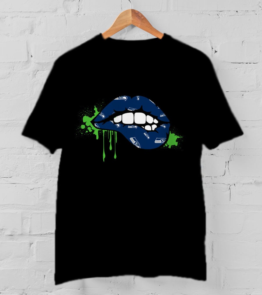 Seahawks Logo Dripping Lips In Blue And Green T-Shirt