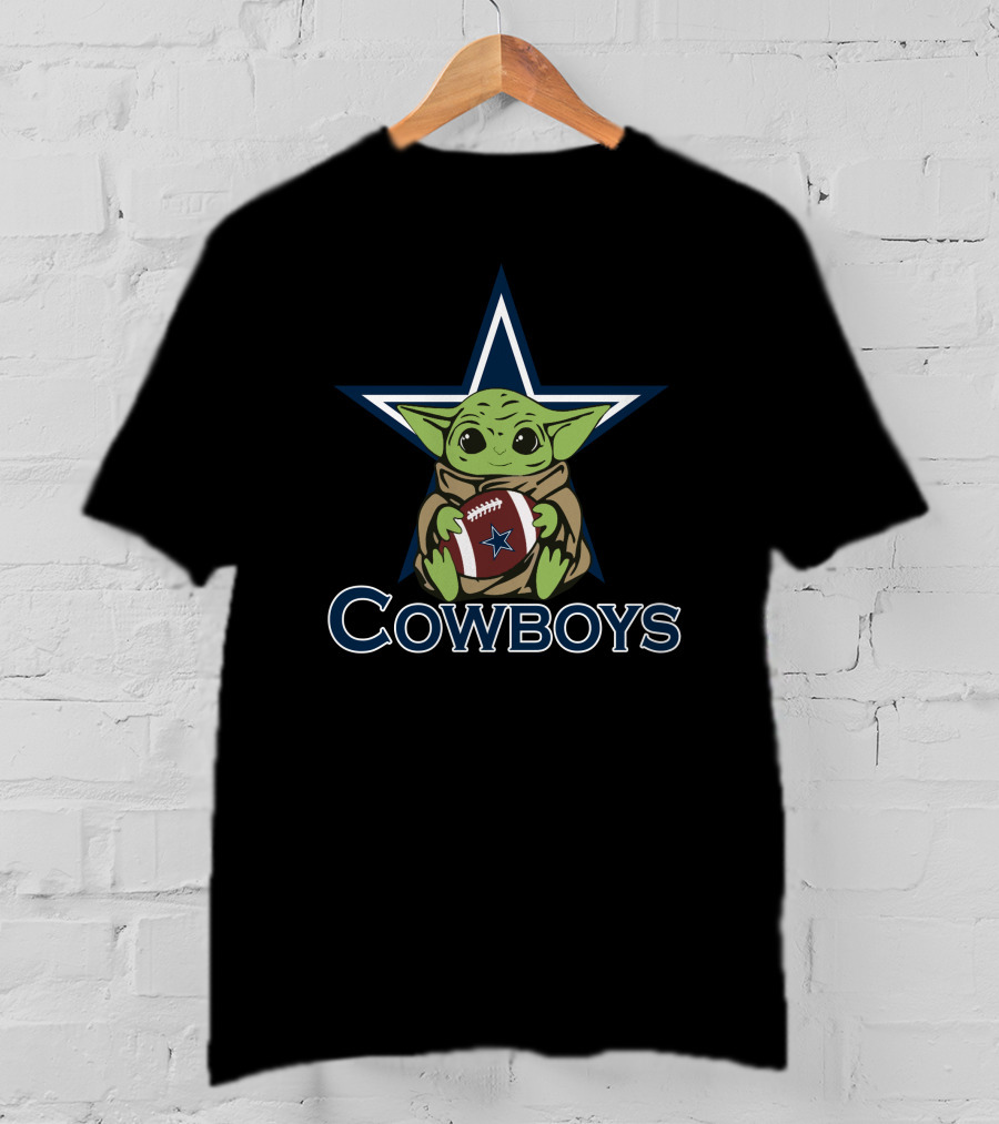 Cowboys Baby Yoda Holding Football Star Wars Mandalorian Dallas Star T-Shirt