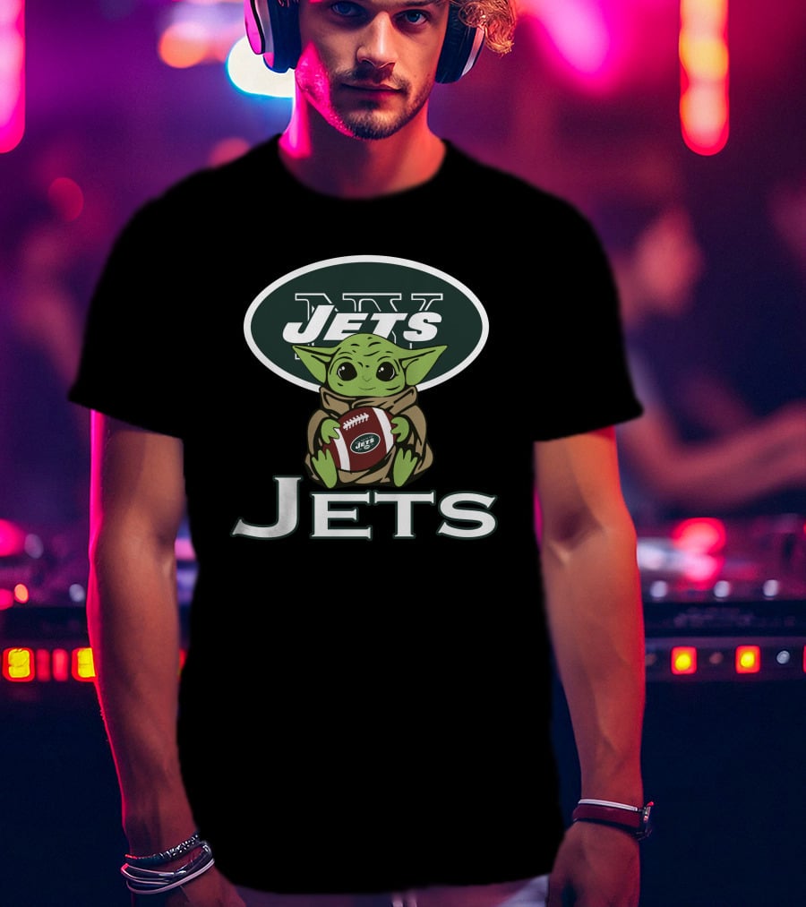 Jets Baby Yoda Star Wars Holding Football T-Shirt