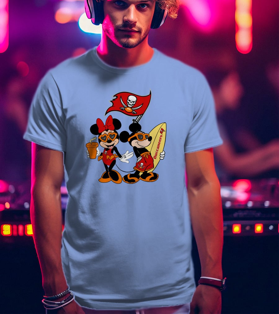 Buccaneers Vacation Mickey And Minnie With Pirate Flag And Surfboard T-Shirt