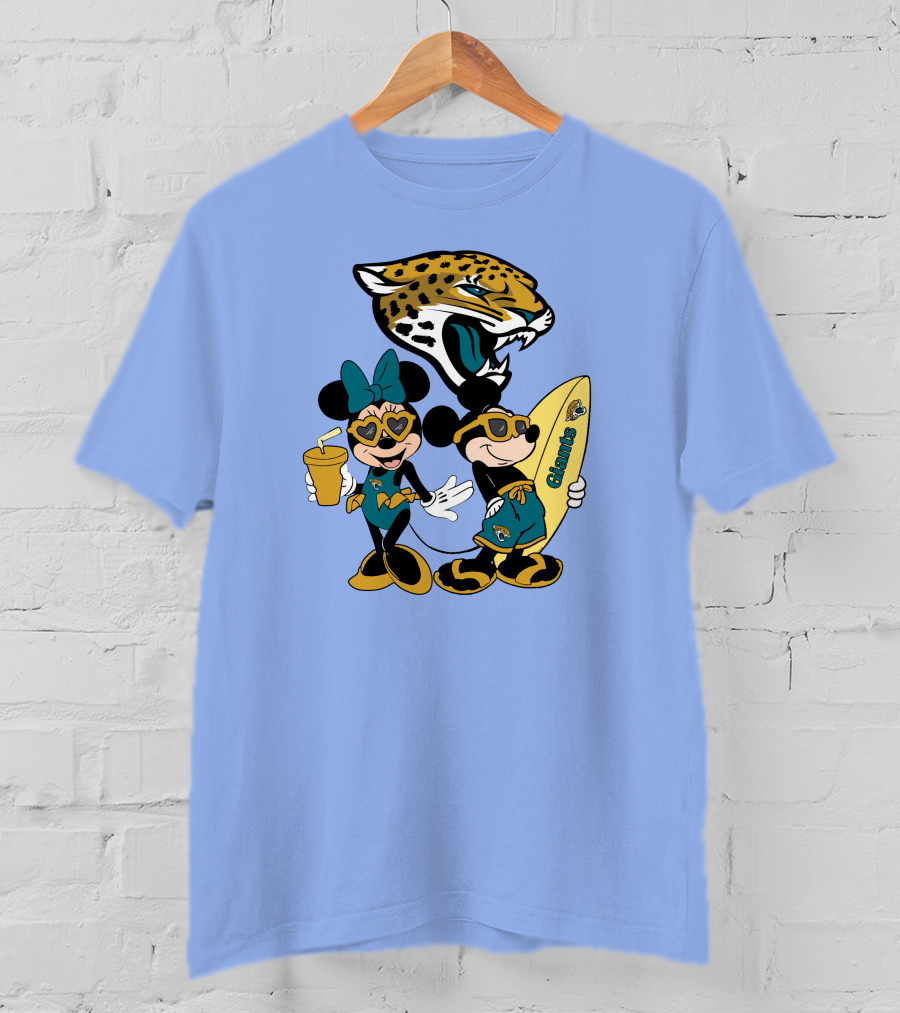 Jaguars Mickey And Minnie Happy Vacation With Surfboard And Drink T-Shirt