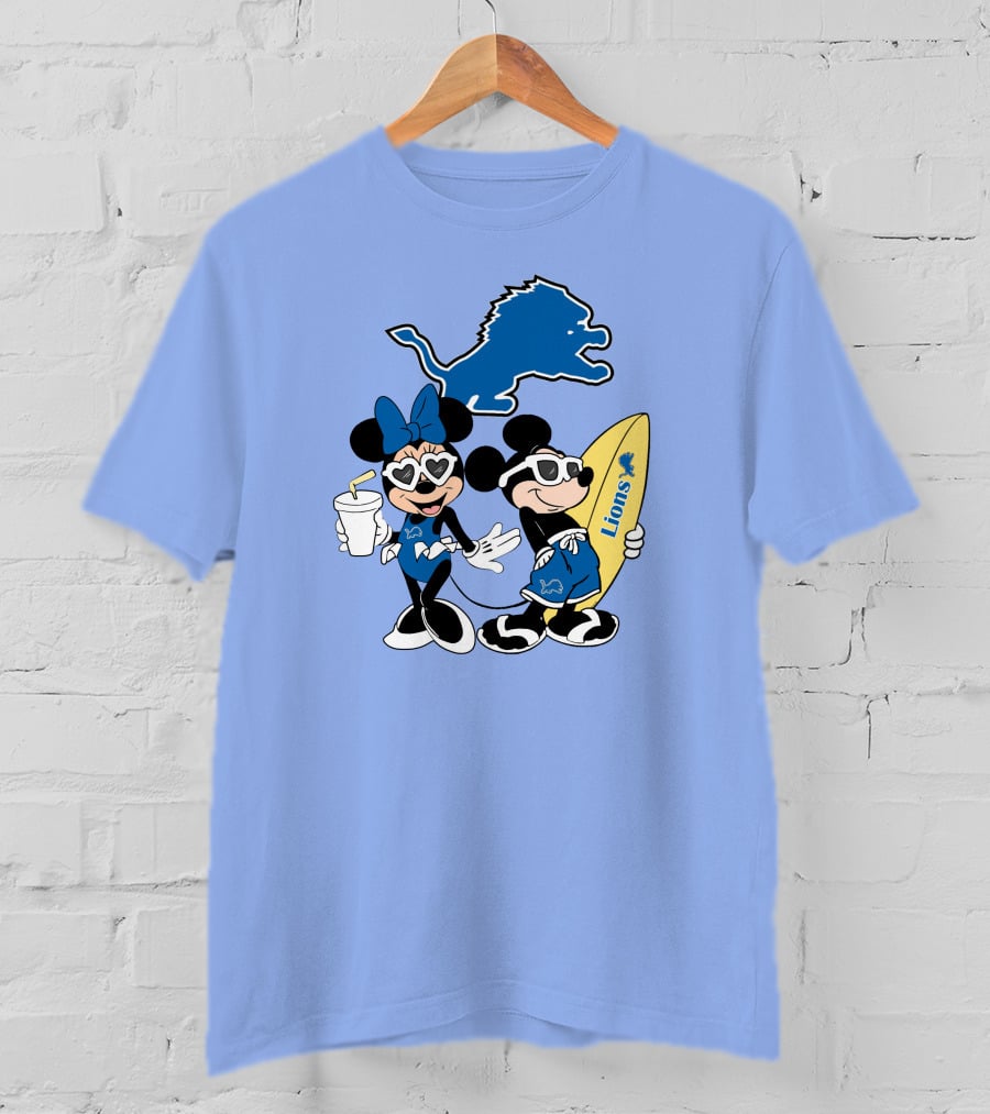 Lions Mickey And Minnie Happy Vacation With Surfboard And Drink T-Shirt
