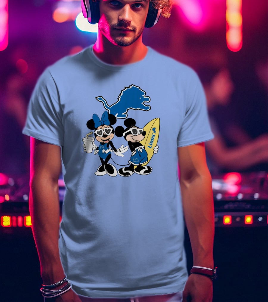 Lions Mickey And Minnie Happy Vacation With Surfboard And Drink T-Shirt