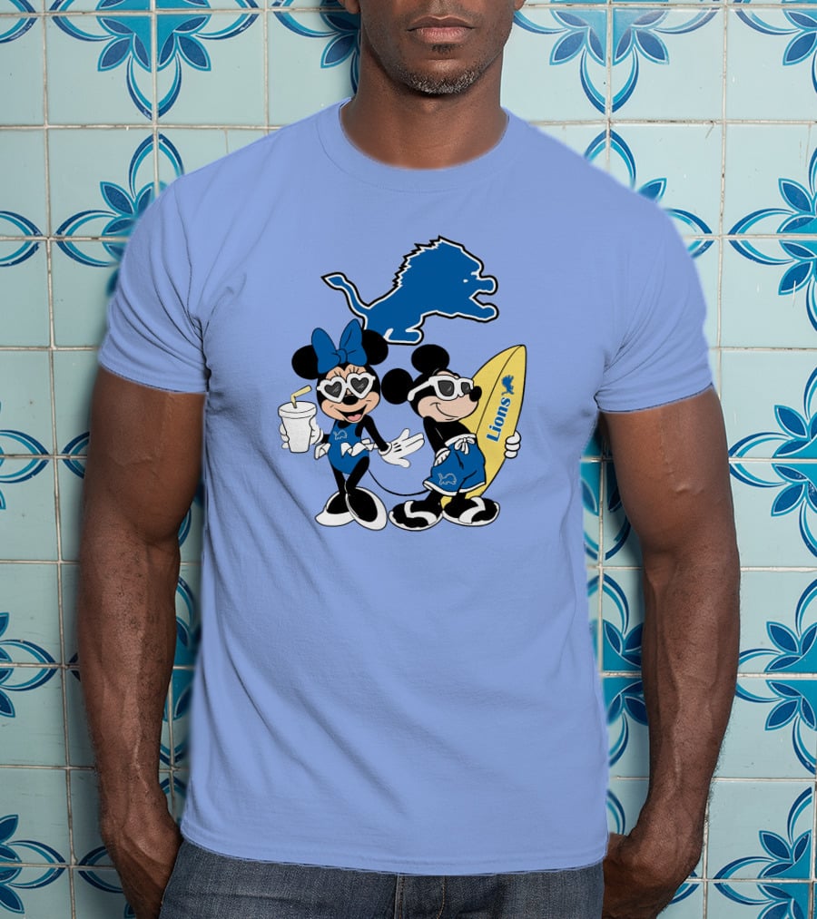 Lions Mickey And Minnie Happy Vacation With Surfboard And Drink T-Shirt